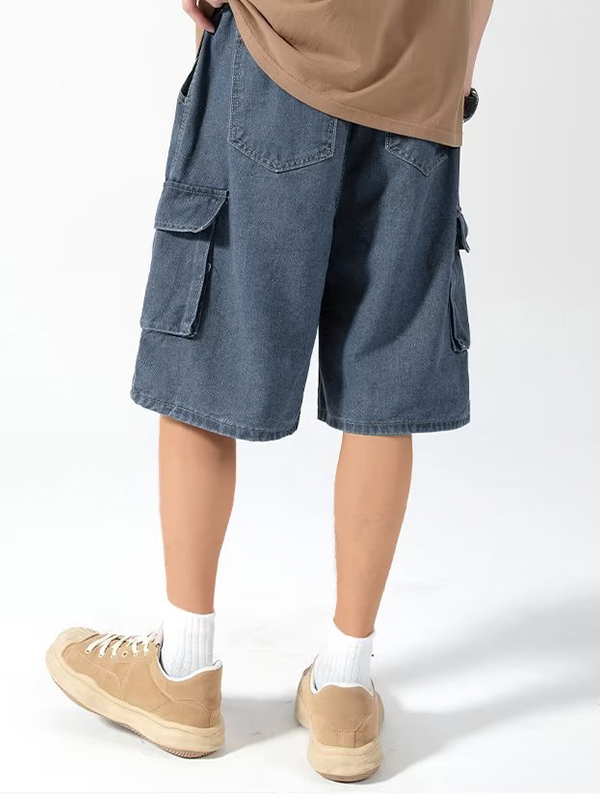 Pantalones cortos de mezclilla con cordón y bolsillo cargo para hombre-1