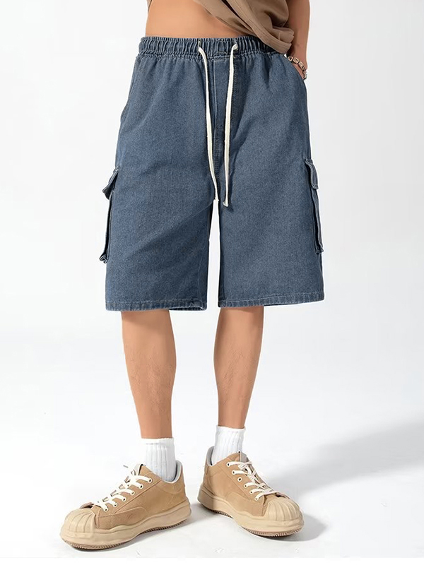 Pantalones cortos de mezclilla con cordón y bolsillo cargo para hombre-2