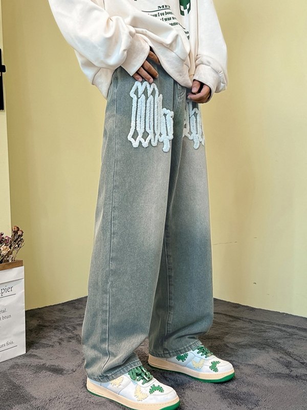 Jeans de pierna recta con letras difusas para hombre-3