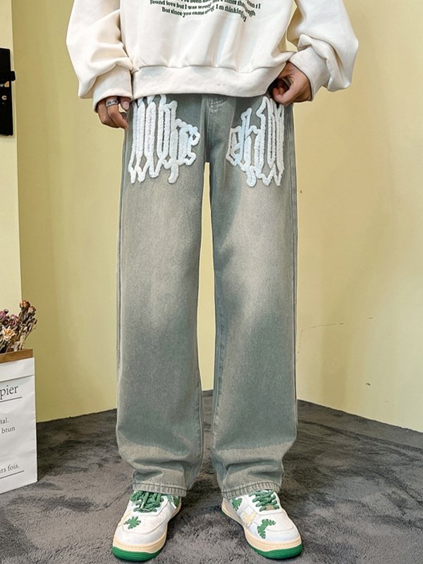 Jeans de pierna recta con letras difusas para hombre-2
