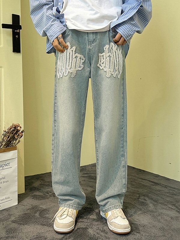 Jeans de pierna recta con letras difusas para hombre-1