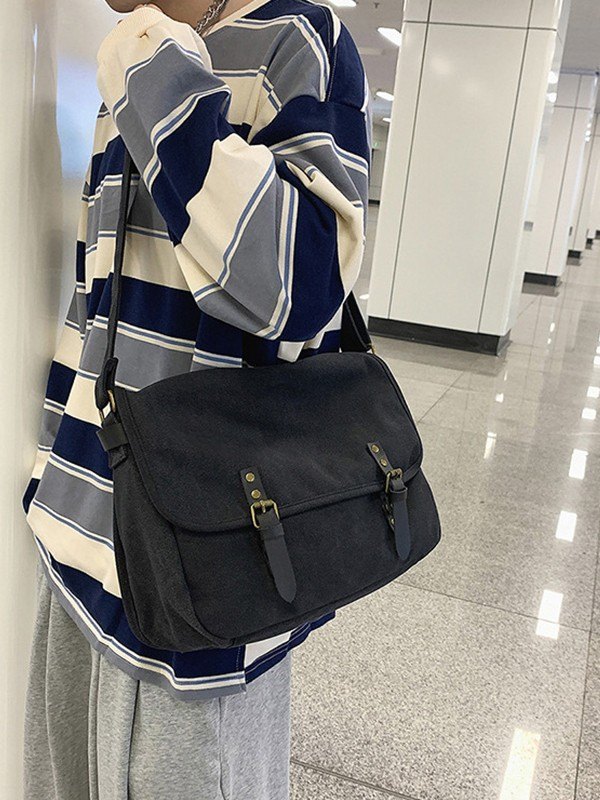 Bolso bandolera grande de lona con correa con hebilla-3