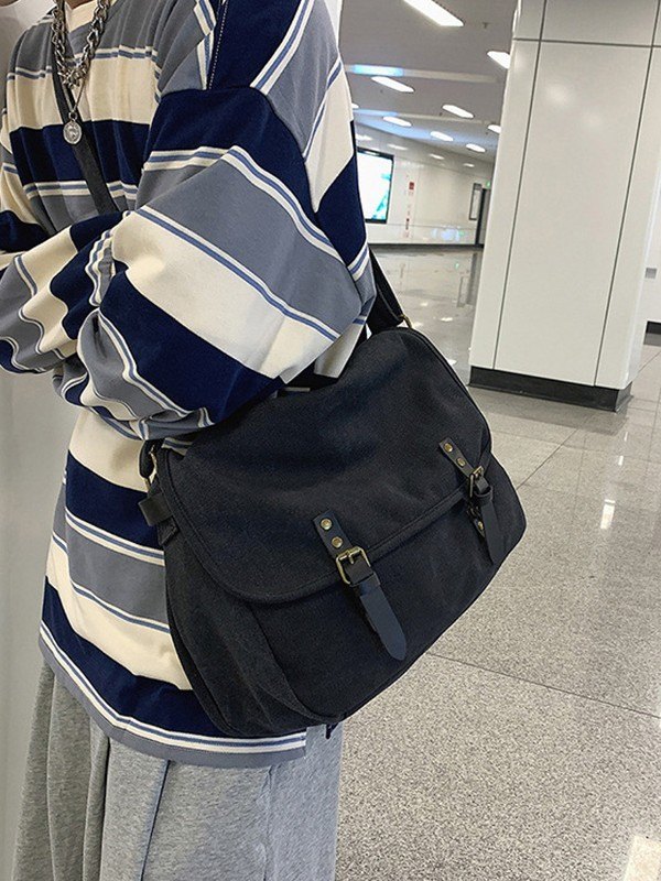 Bolso bandolera grande de lona con correa con hebilla-2