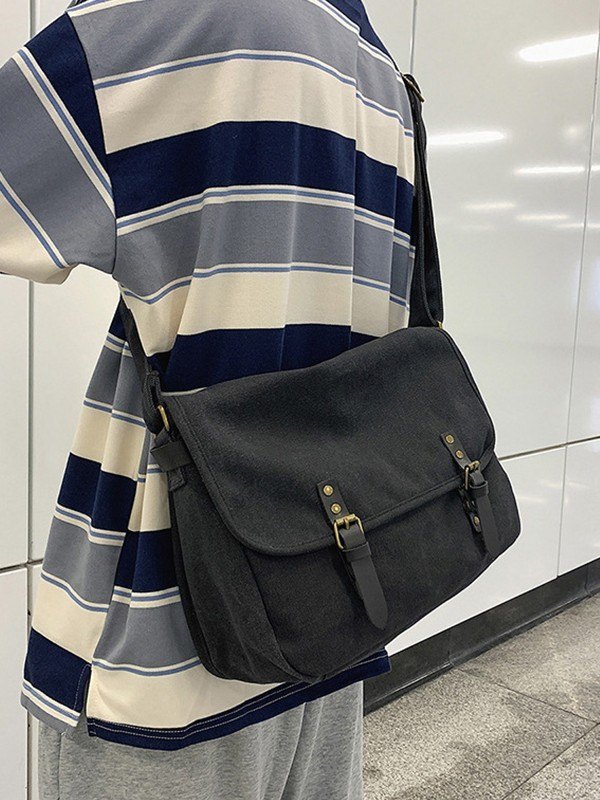Bolso bandolera grande de lona con correa con hebilla-1